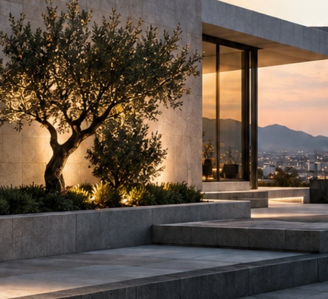 Fachada de piedra con olivo iluminado